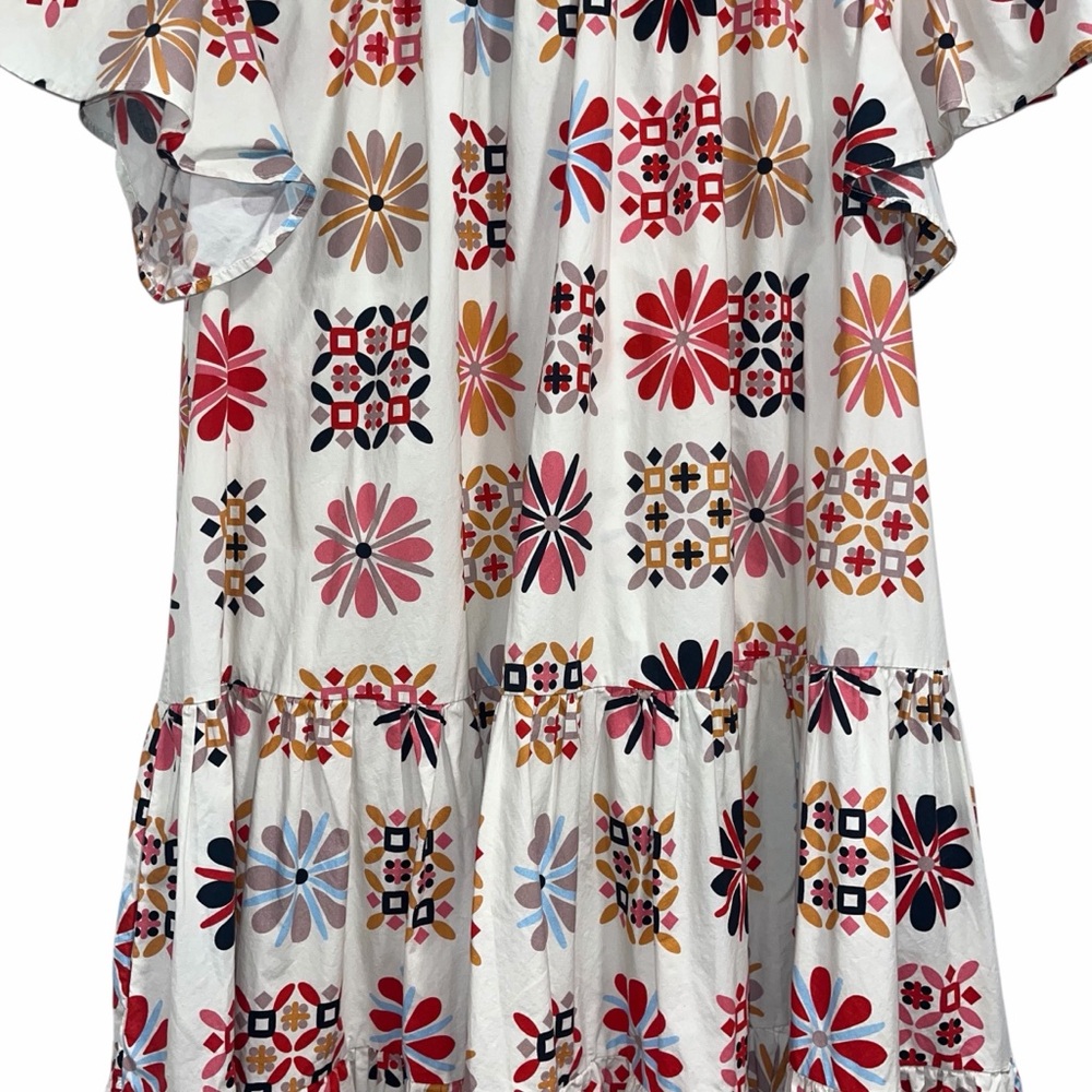 La DoubleJ Multicolor Midi Dress Floral Tile Print Tiered Cotton Med Casual 🟡 - Picture 6 of 14